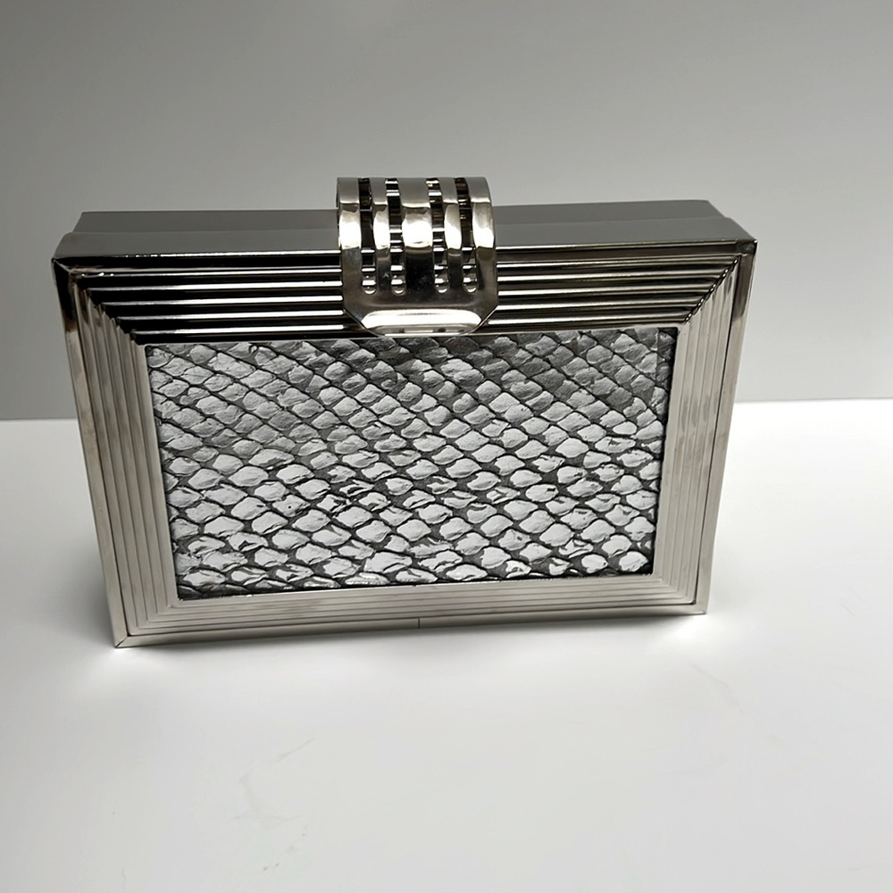 Silver Clutch Handbag • Reptile Print W/ silver hardware frame •